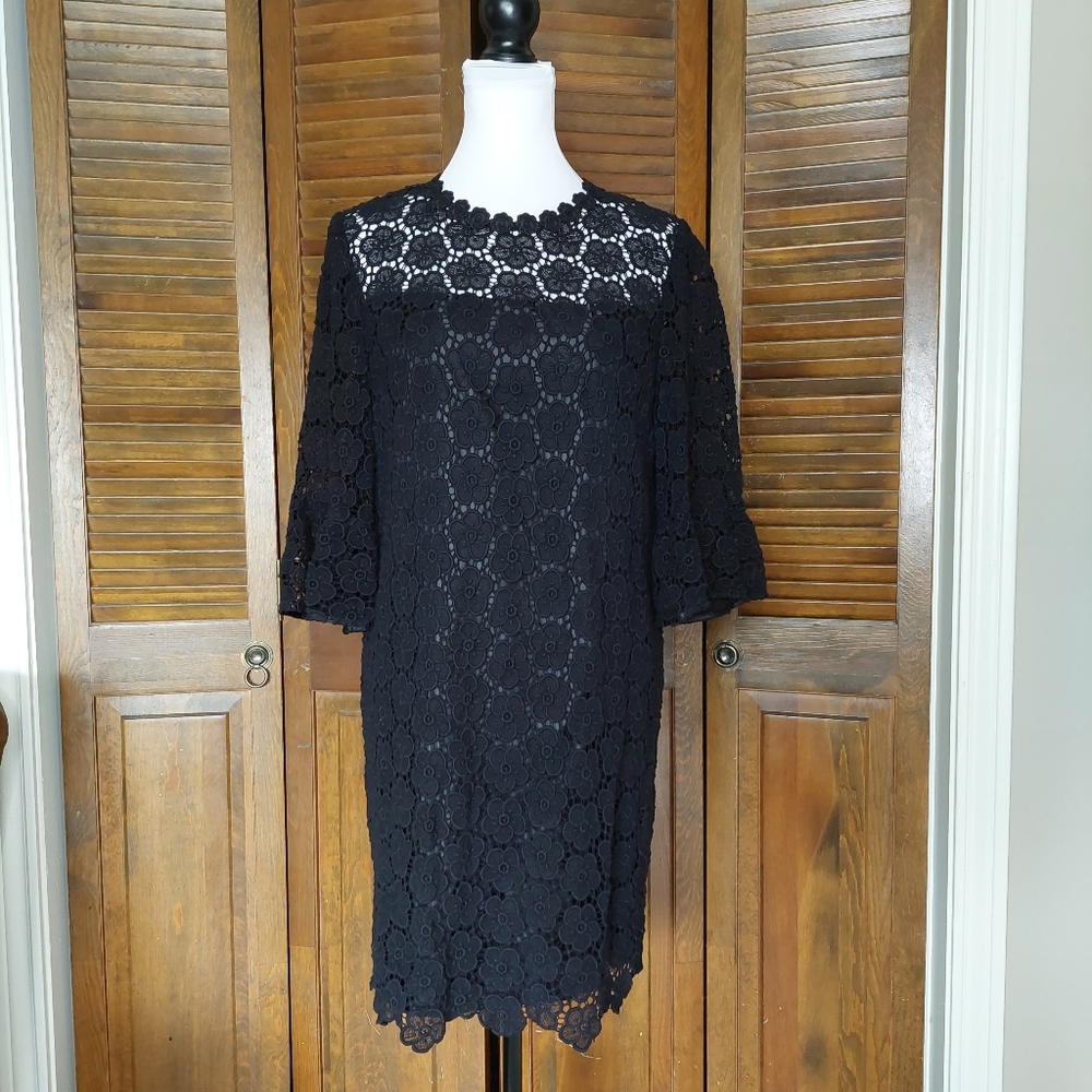 Kate Spade Black Floral Crochet Lace Bell-Sleeve Shift Mini Dress Sz L